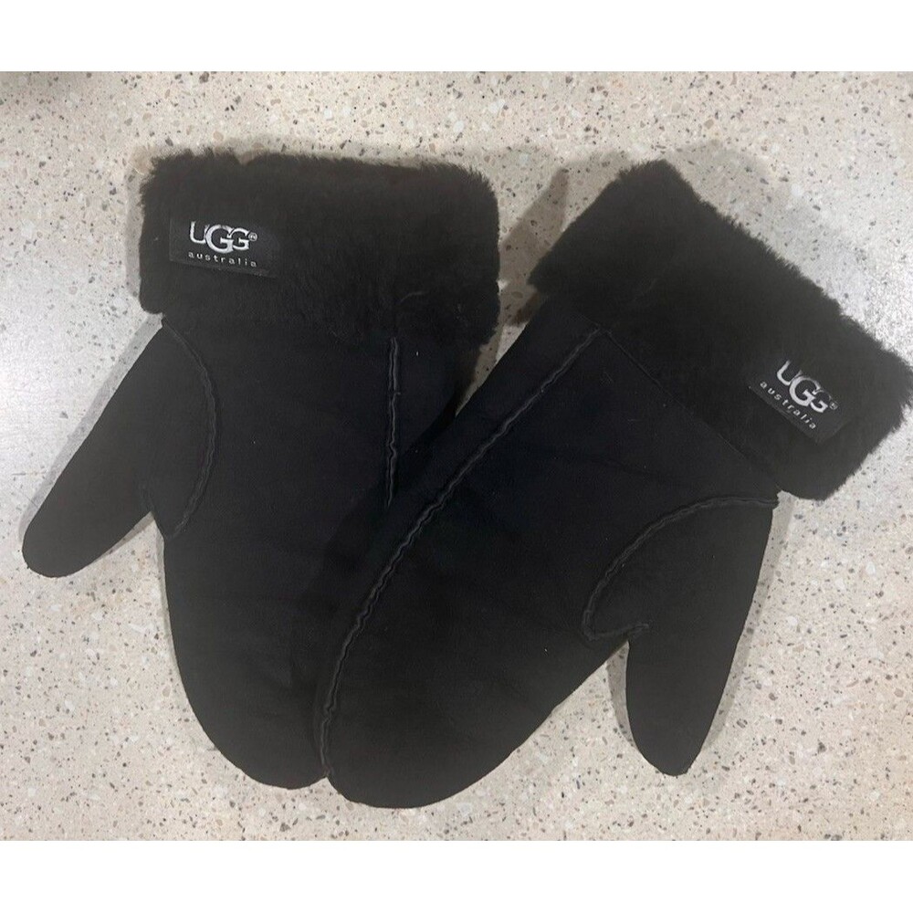 UGG Womens Sheepskin Heritage Logo Winter Mittens Black Size L XL Fully Lined